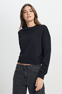 Relaxed Fit Geniş Kesim Bisiket Yaka Antrasit Sweatshirt - Faded Black-W242451XV6