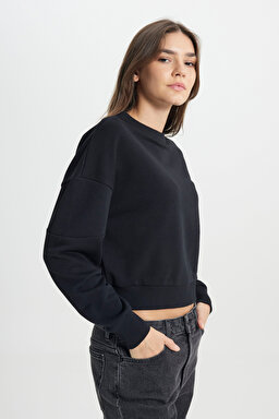 Relaxed Fit Geniş Kesim Bisiket Yaka Antrasit Sweatshirt - Faded Black-W242451XV6 (görsel 3)