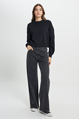 Relaxed Fit Geniş Kesim Bisiket Yaka Antrasit Sweatshirt - Faded Black-W242451XV6 (görsel 4)