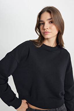 Relaxed Fit Geniş Kesim Bisiket Yaka Antrasit Sweatshirt - Faded Black-W242451XV6 (görsel 5)
