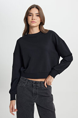 Relaxed Fit Geniş Kesim Bisiket Yaka Antrasit Sweatshirt - Faded Black-W242451XV6 (görsel 7)