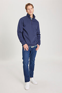 Regular Fit Normal Kesim Fermuarlı Yaka İçi Polarlı Lacivert Sweatshirt - Navy-W242471410 (görsel 3)