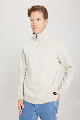 Regular Fit Normal Kesim Fermuarlı Yaka İçi Polarlı Bej Sweatshirt - Beige-W242471614 (görsel 3)