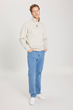 Regular Fit Normal Kesim Fermuarlı Yaka İçi Polarlı Bej Sweatshirt - Beige-W242471614 (görsel 4)