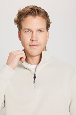 Regular Fit Normal Kesim Fermuarlı Yaka İçi Polarlı Bej Sweatshirt - Beige-W242471614 (görsel 5)