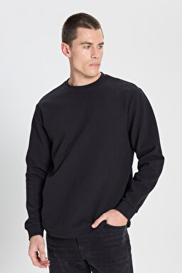 Regular Fit Normal Kesim Bisiklet Yaka %100 Pamuk Siyah Sweatshirt - Black-W242501001 (görsel 2)