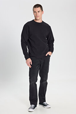 Regular Fit Normal Kesim Bisiklet Yaka %100 Pamuk Siyah Sweatshirt - Black-W242501001 (görsel 3)