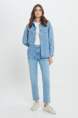 Relaxed Fit Geniş Kesim %100 Pamuk İndigo Jean Denim Gömlek - Light Indigo-W242554319 (görsel 4)