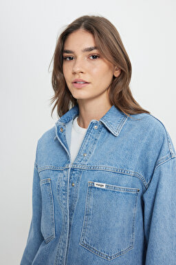 Relaxed Fit Geniş Kesim %100 Pamuk İndigo Jean Denim Gömlek - Light Indigo-W242554319 (görsel 5)