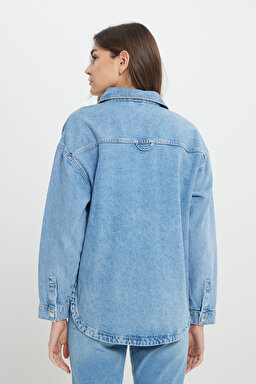 Relaxed Fit Geniş Kesim %100 Pamuk İndigo Jean Denim Gömlek - Light Indigo-W242554319 (görsel 6)