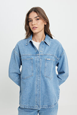 Relaxed Fit Geniş Kesim %100 Pamuk İndigo Jean Denim Gömlek - Light Indigo-W242554319 (görsel 7)
