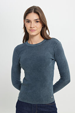 Slim Fit Dar Kesim Bisiklet Yaka Koyu Mavi Tişört - Indigo-W242576315 (görsel 2)