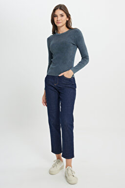 Slim Fit Dar Kesim Bisiklet Yaka Koyu Mavi Tişört - Indigo-W242576315 (görsel 3)