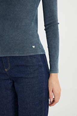 Slim Fit Dar Kesim Bisiklet Yaka Koyu Mavi Tişört - Indigo-W242576315 (görsel 4)