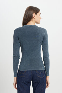 Slim Fit Dar Kesim Bisiklet Yaka Koyu Mavi Tişört - Indigo-W242576315 (görsel 5)