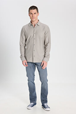 Regular Fit Normal Kesim %100 Pamuk Taş Rengi Gömlek - Stone-W242585013 (görsel 3)