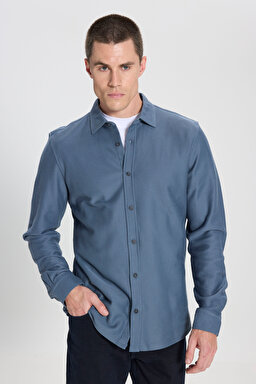 Regular Fit Normal Kesim %100 Pamuk İndigo Gömlek - Indigo-W242585315 (görsel 2)