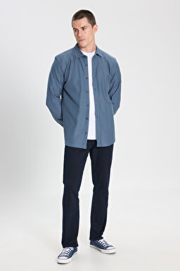 Regular Fit Normal Kesim %100 Pamuk İndigo Gömlek - Indigo-W242585315 (görsel 3)