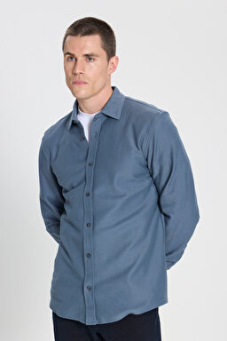Regular Fit Normal Kesim %100 Pamuk İndigo Gömlek - Indigo-W242585315 (görsel 4)