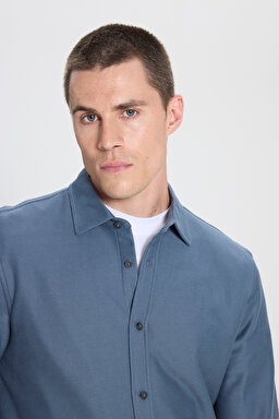 Regular Fit Normal Kesim %100 Pamuk İndigo Gömlek - Indigo-W242585315 (görsel 5)