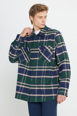 Relaxed Fit Geniş Kesim %100 Pamuk Yeşil Ekoseli Gömlek - Multi-W242602900