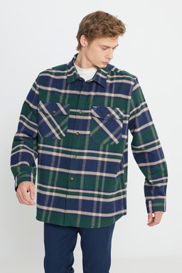 Relaxed Fit Geniş Kesim %100 Pamuk Yeşil Ekoseli Gömlek - Multi-W242602900 (görsel 2)
