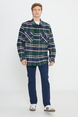 Relaxed Fit Geniş Kesim %100 Pamuk Yeşil Ekoseli Gömlek - Multi-W242602900 (görsel 3)