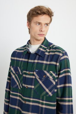 Relaxed Fit Geniş Kesim %100 Pamuk Yeşil Ekoseli Gömlek - Multi-W242602900 (görsel 5)