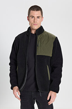 Regular Fit Normal Kesim Fermuarlı Siyah Sherpa Ceket - Black-W242640001