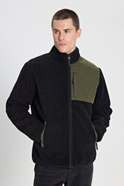Regular Fit Normal Kesim Fermuarlı Siyah Sherpa Ceket - Black-W242640001 (görsel 2)
