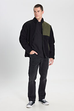 Regular Fit Normal Kesim Fermuarlı Siyah Sherpa Ceket - Black-W242640001 (görsel 3)
