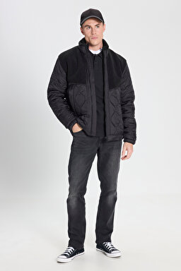Regular Fit Normal Kesim Sherpa Detaylı Siyah Kapitone Mont - Black-W242644001 (görsel 3)