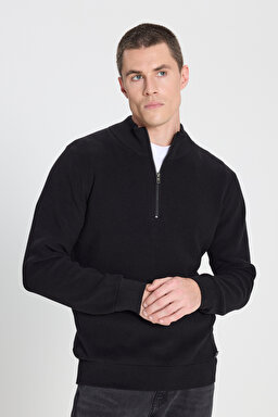 Regular Fit Normal Kesim Fermuar Detaylı Siyah Triko Kazak - Black-W242666001