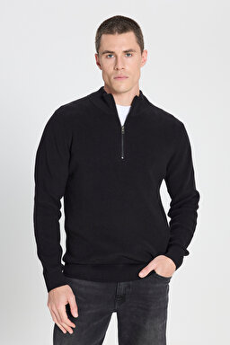 Regular Fit Normal Kesim Fermuar Detaylı Siyah Triko Kazak - Black-W242666001 (görsel 2)