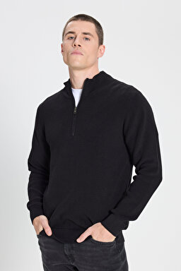 Regular Fit Normal Kesim Fermuar Detaylı Siyah Triko Kazak - Black-W242666001 (görsel 3)