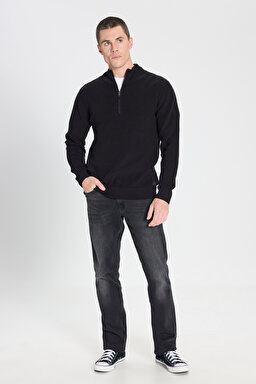 Regular Fit Normal Kesim Fermuar Detaylı Siyah Triko Kazak - Black-W242666001 (görsel 4)