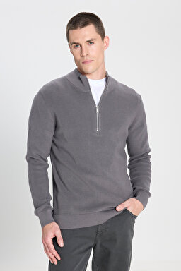 Regular Fit Normal Kesim Fermuar Detaylı Antrasit Triko Kazak - Anthracite-W242666003