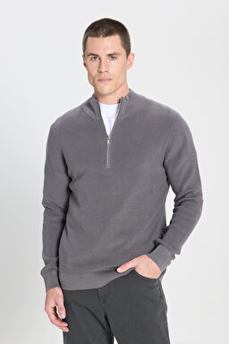 Regular Fit Normal Kesim Fermuar Detaylı Antrasit Triko Kazak - Anthracite-W242666003 (görsel 2)