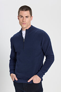Regular Fit Normal Kesim %100 Pamuk Fermuar Detaylı Lacivert Triko Kazak - Navy-W242666410 (görsel 2)