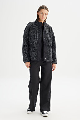 Regular Fit Normal Kesim Desenli Siyah Sherpa Ceket - Black-W242707001 (görsel 2)