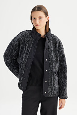 Regular Fit Normal Kesim Desenli Siyah Sherpa Ceket - Black-W242707001 (görsel 3)