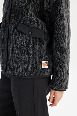 Regular Fit Normal Kesim Desenli Siyah Sherpa Ceket - Black-W242707001 (görsel 5)