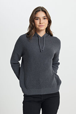 Relaxed Fit Geniş Kesim Kapüşonlu Antrasit Triko Kazak - Dark Gray-W242711040