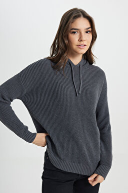 Relaxed Fit Geniş Kesim Kapüşonlu Antrasit Triko Kazak - Dark Gray-W242711040 (görsel 3)