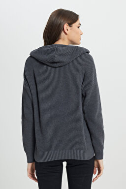 Relaxed Fit Geniş Kesim Kapüşonlu Antrasit Triko Kazak - Dark Gray-W242711040 (görsel 6)