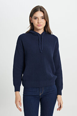 Relaxed Fit Geniş Kesim Kapüşonlu Lacivert Triko Kazak - Navy-W242711410 (görsel 2)
