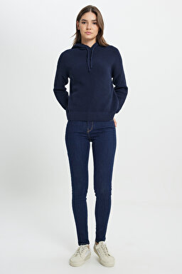 Relaxed Fit Geniş Kesim Kapüşonlu Lacivert Triko Kazak - Navy-W242711410 (görsel 3)