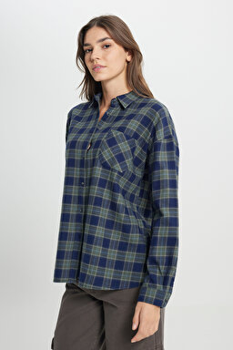 Oversize Bol Kesim %100 Pamuk Koyu Yeşil Gömlek - Dark Green-W242716826 (görsel 2)