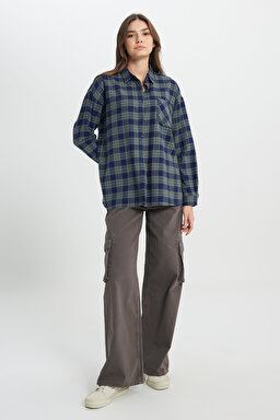 Oversize Bol Kesim %100 Pamuk Koyu Yeşil Gömlek - Dark Green-W242716826 (görsel 3)