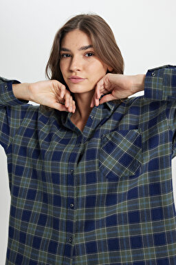 Oversize Bol Kesim %100 Pamuk Koyu Yeşil Gömlek - Dark Green-W242716826 (görsel 5)